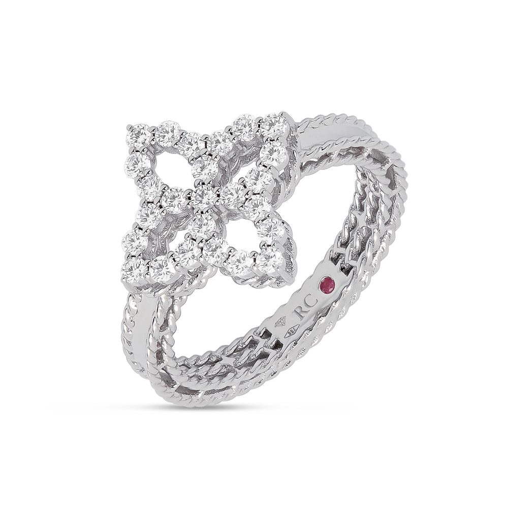 Diamond Princess Ring in 18k White Gold with Diamonds and Ruby.