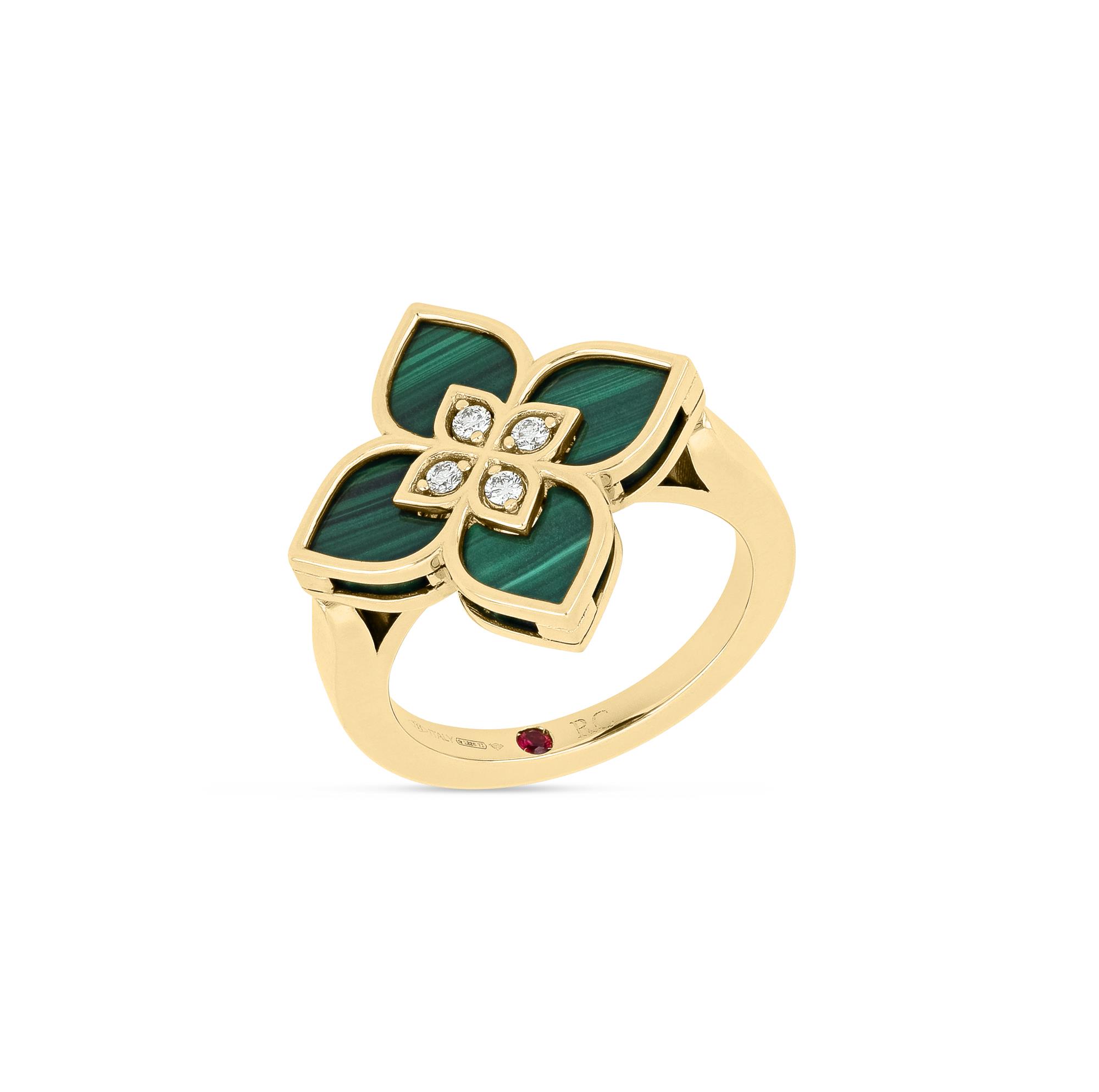 Venetian Princess Ring in 18k Yellow Gold with Diamonds, Green Malachite and Ruby.