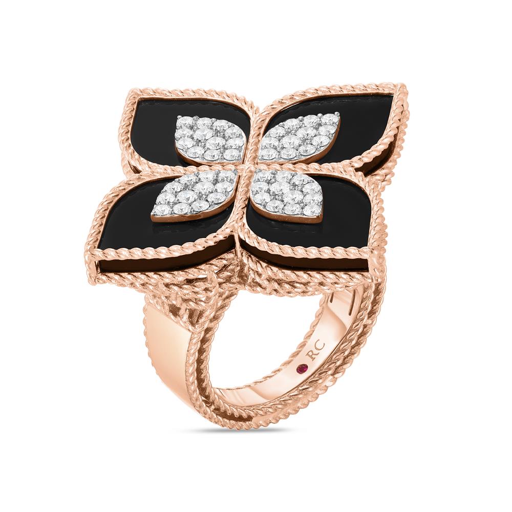 Princess Flower Ring in 18k Rose and White Gold with Black Jade, Diamonds and Ruby Princess Flower Ring in 18k Rose and White Gold with Black Jade, Diamonds and Ruby