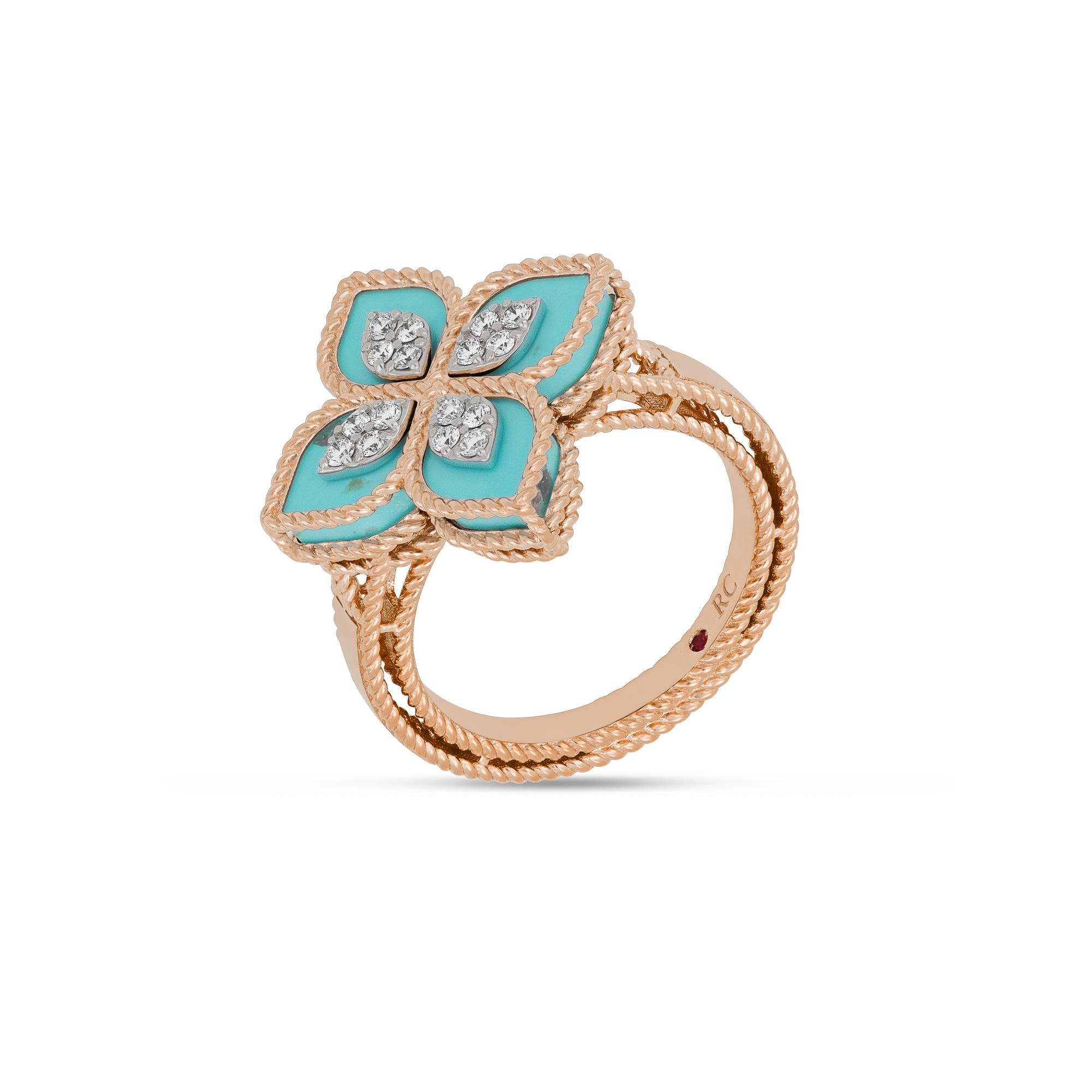 Princess Flower Ring in 18k Rose and White Gold with Turquoise, Diamonds and Ruby Princess Flower Ring in 18k Rose and White Gold with Turquoise, Diamonds and Ruby