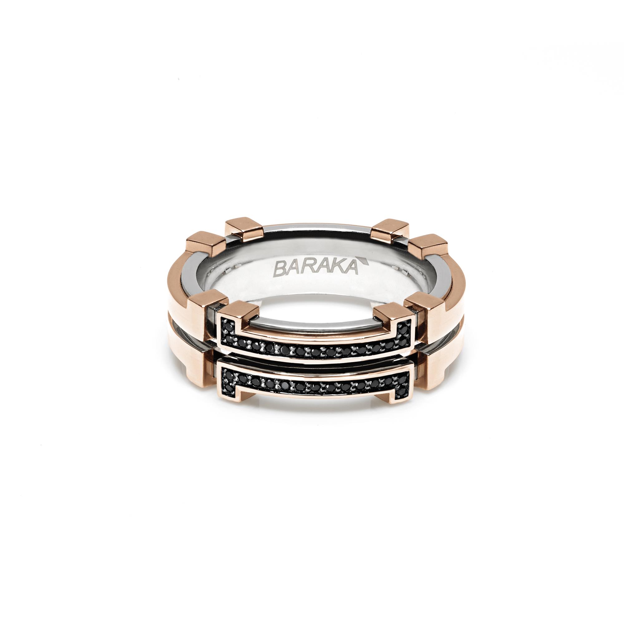 Explore Ring in 18k Rose Gold with Stainless Steel and Three Black Diamonds. Explore Ring in 18k Rose Gold with Stainless Steel and Three Black Diamonds.
