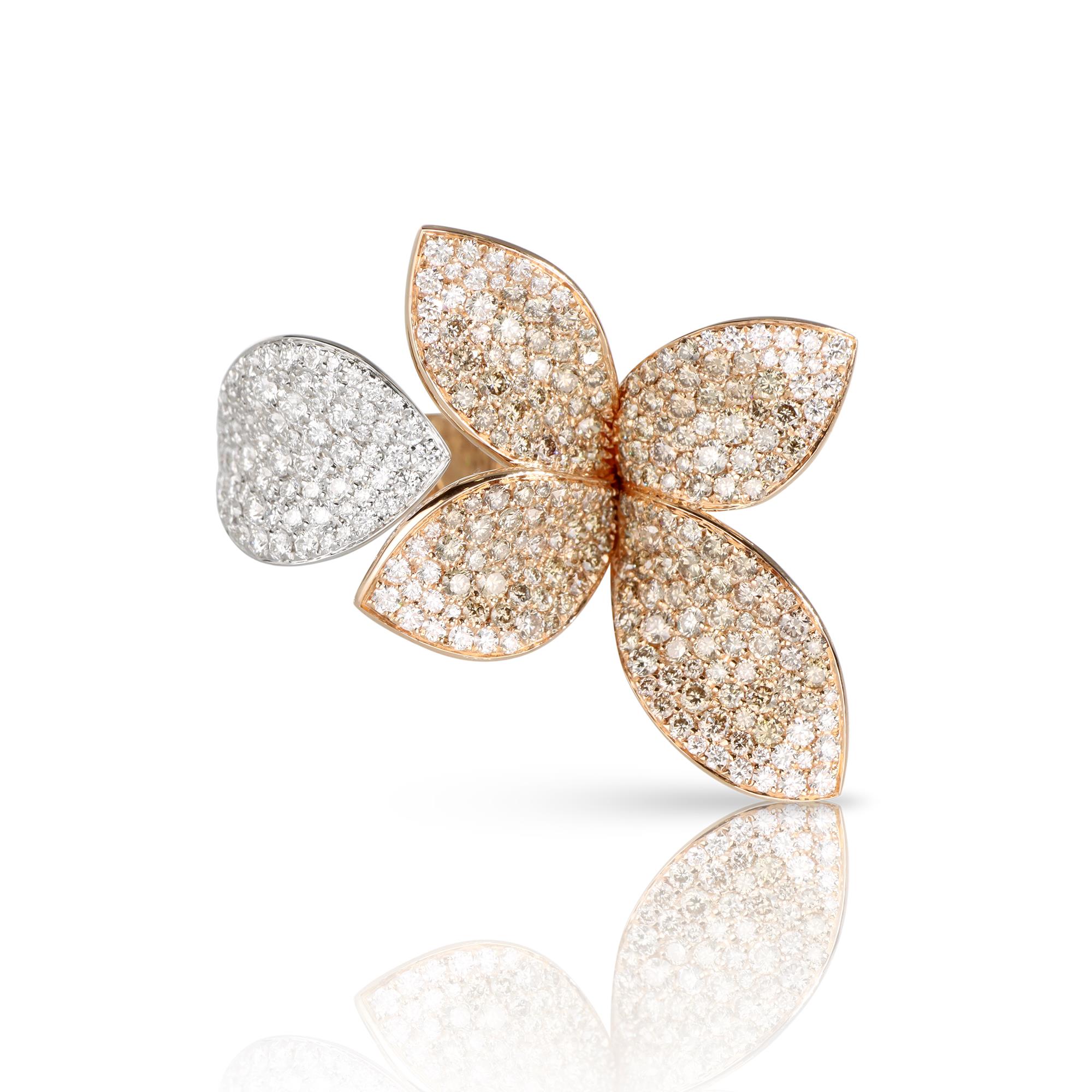 Giardini Segreti Ring in 18k Rose and White Gold with White and Champagne Diamonds, Five Petals
