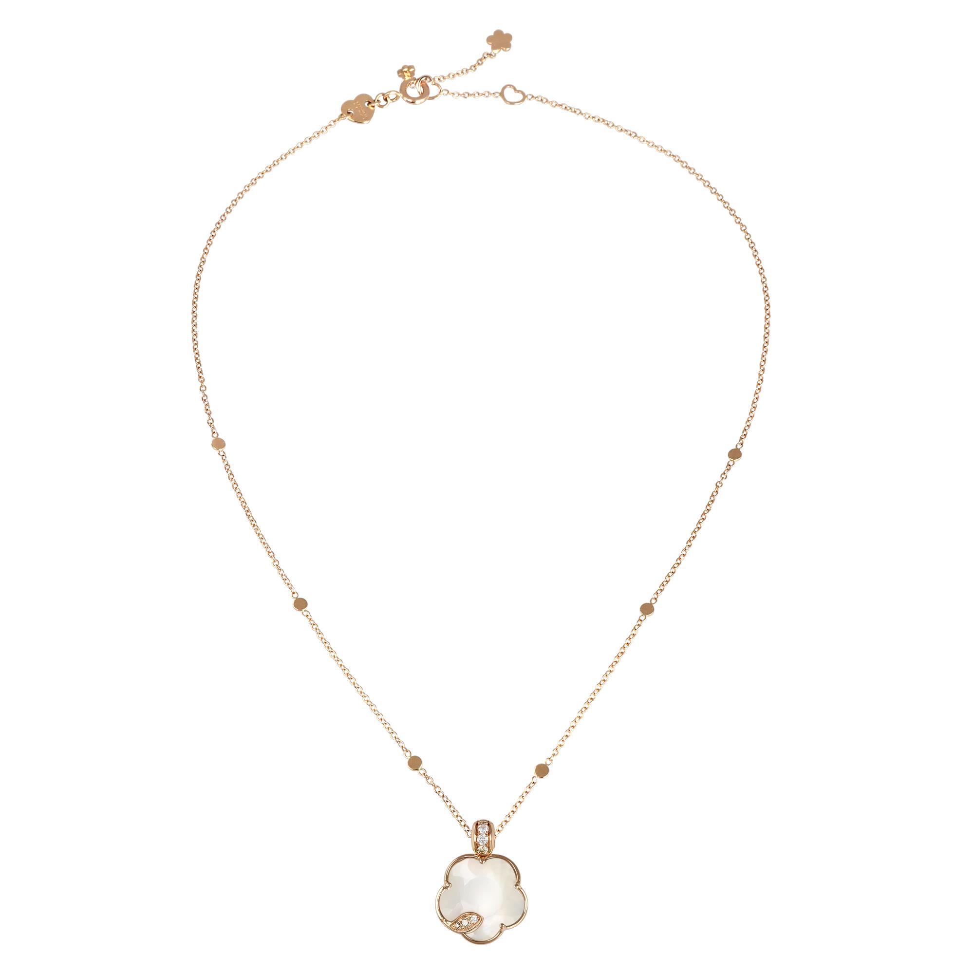 Petit Joli Lunaire Necklace in 18K Rose Gold with Mother of Pearl, White Moonstone and Diamonds