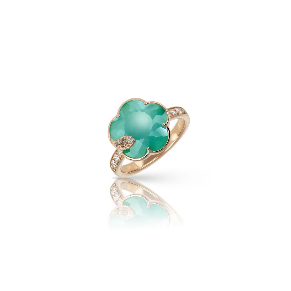 Petit Joli Lunaire Ring in 18K Rose Gold with Green Agate, White Moonstone and Diamonds