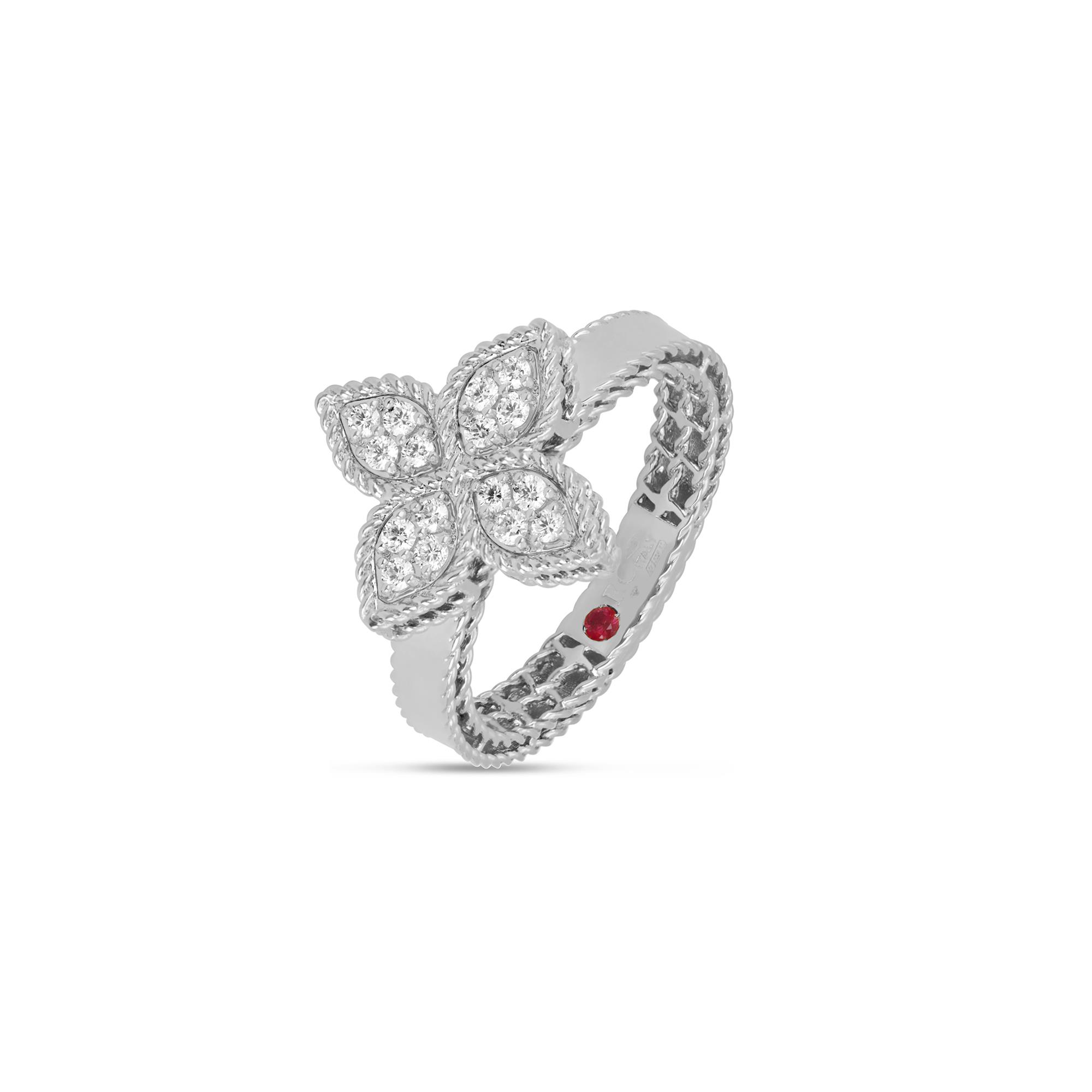 Princess Flower Ring in 18k White Gold with Diamonds and Ruby. Princess Flower Ring in 18k White Gold with Diamonds and Ruby.