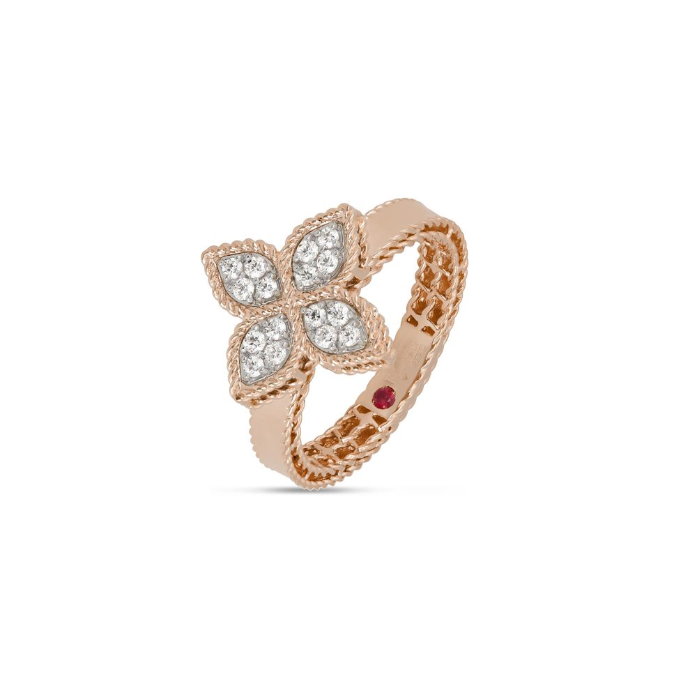 Princess Flower Ring in 18k Rose White Gold with Diamonds and Ruby.