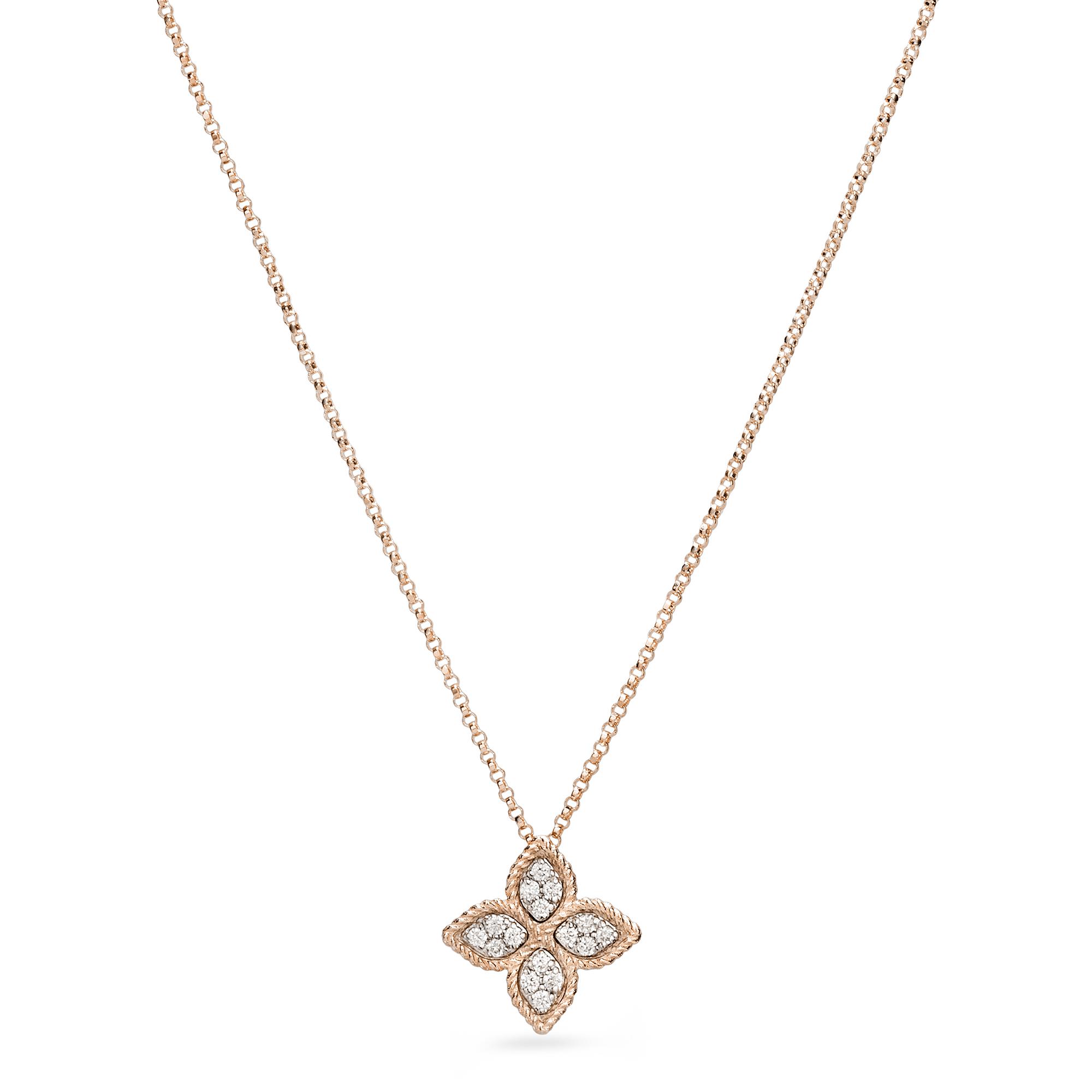 Princess Flower Necklace in 18k Rose White Gold with Diamonds and Ruby. Princess Flower Necklace in 18k Rose White Gold with Diamonds and Ruby.