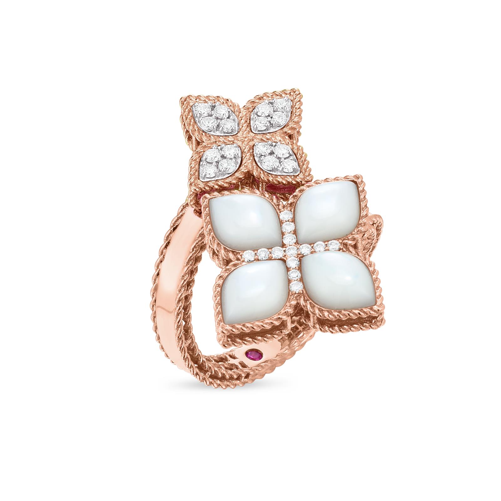 Princess Flower Ring in 18k Rose and White Gold with Mother of Pearl, Diamonds and Ruby Princess Flower Ring in 18k Rose and White Gold with Mother of Pearl, Diamonds and Ruby