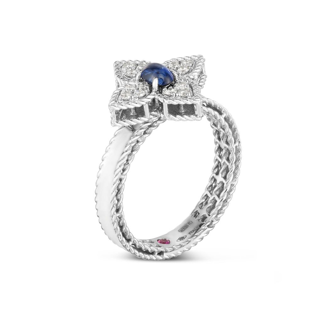 Princess Flower Ring in 18k White Gold with Diamonds, Blue Sapphire and Ruby.