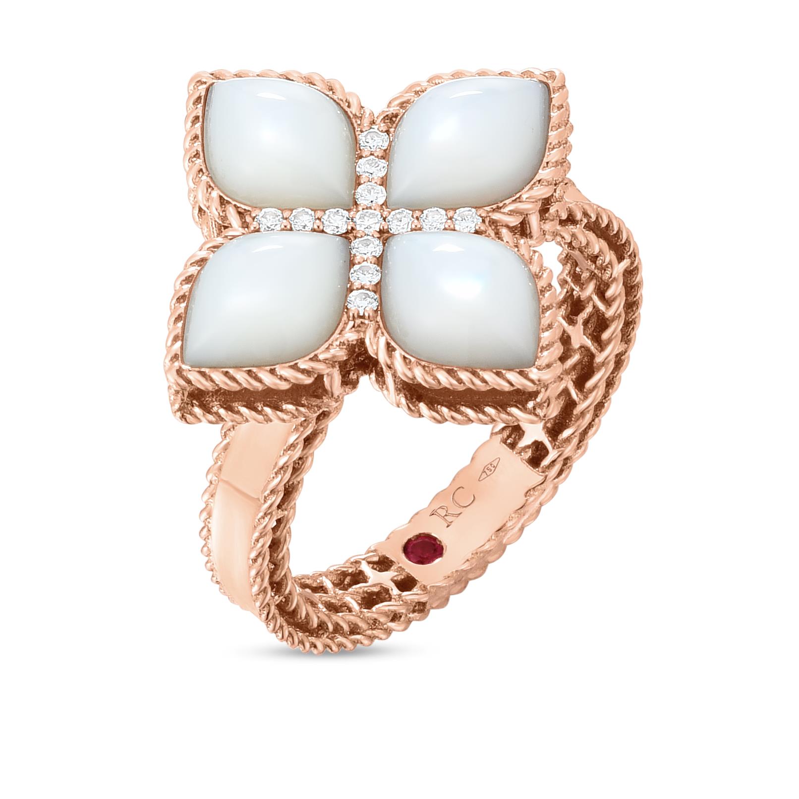 Princess Flower Venetian Ring in 18k Rose Gold with Diamonds,Mother of Pearl and Ruby.