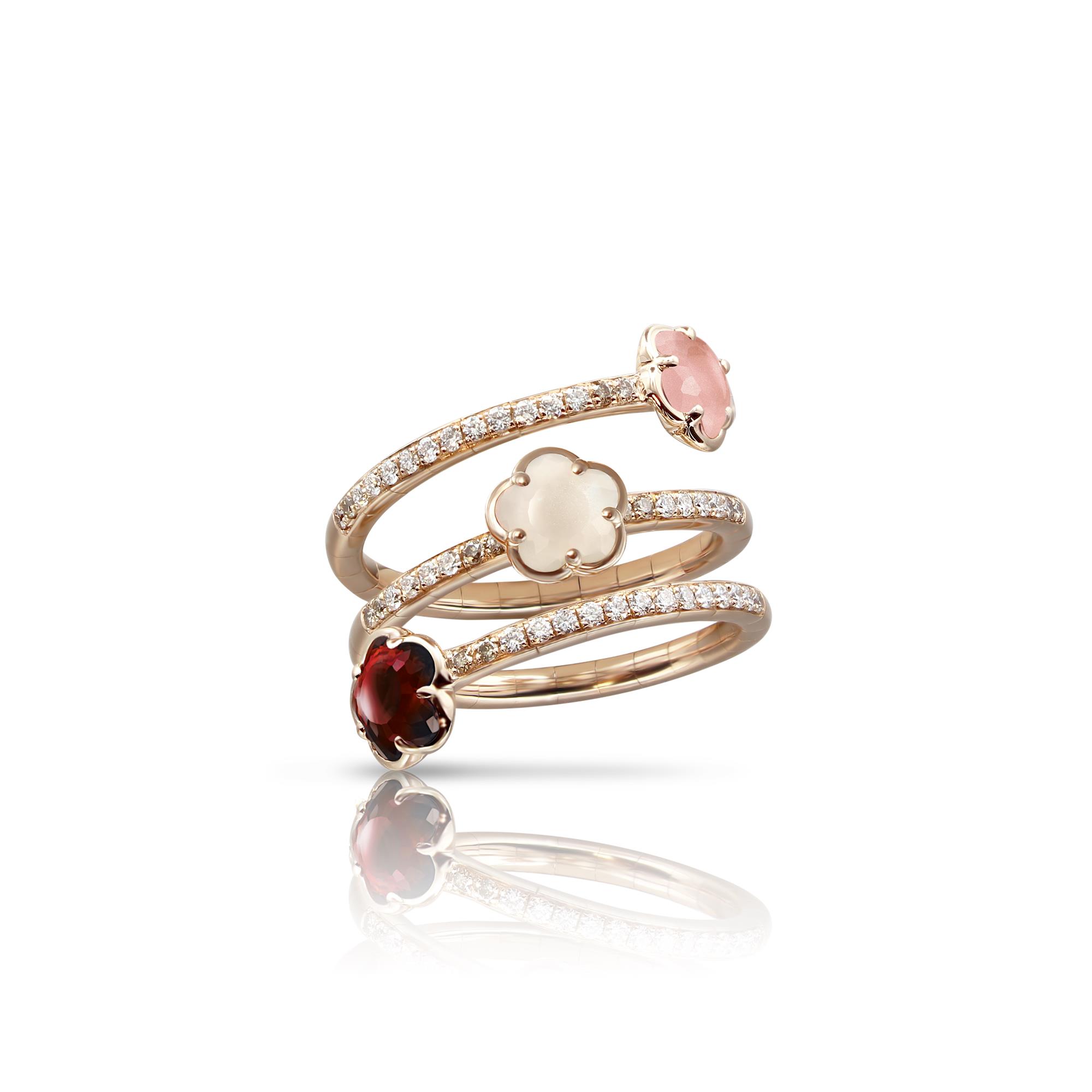 Figlia Dei Fiori Ring in 18k Rose Gold with 'Earth' gems and Diamonds, Three Flowers