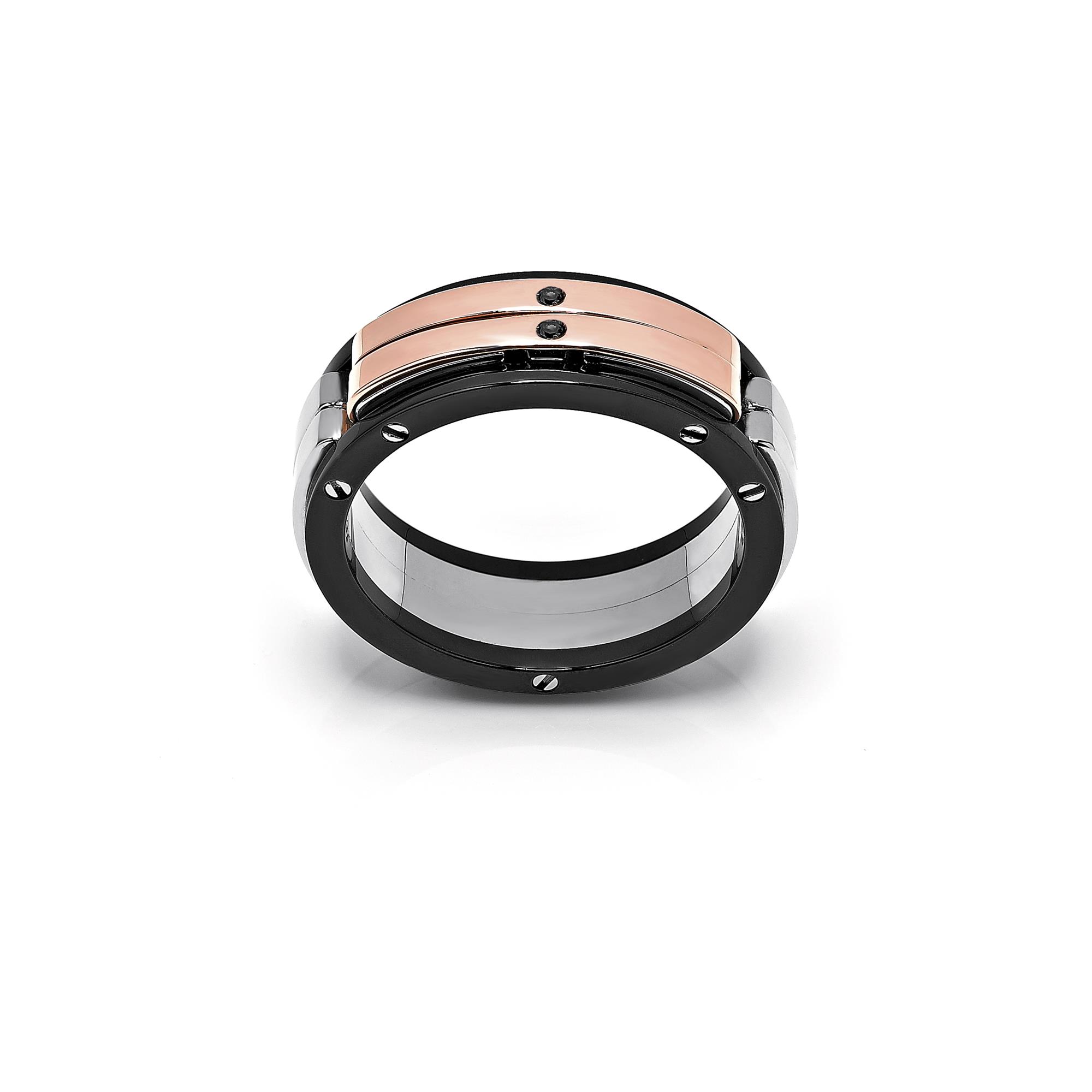 Explore Ring in 18k Rose Gold with Stainless Steel and Two Black Diamonds. Explore Ring in 18k Rose Gold with Stainless Steel and Two Black Diamonds.
