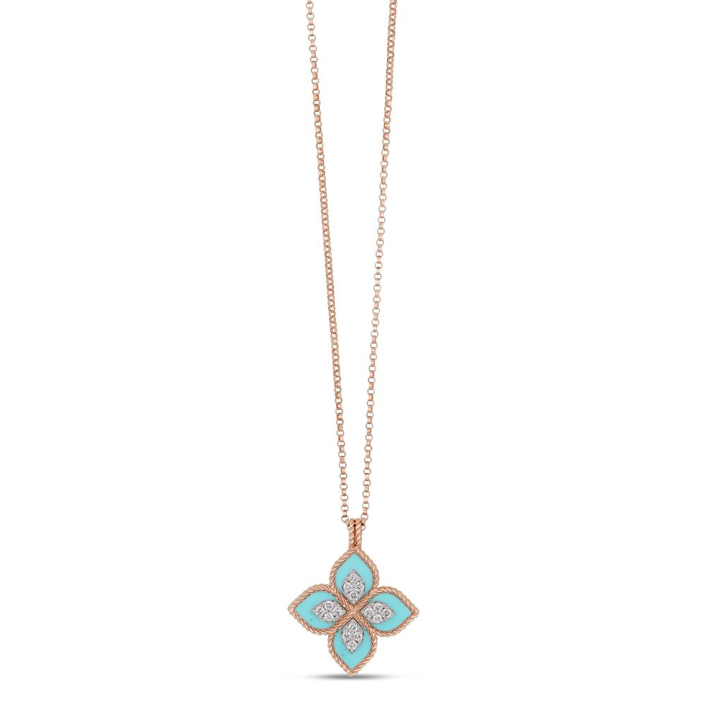 Princess Flower Necklace in 18K Rose and White Gold with Turquoise, Diamonds and Ruby