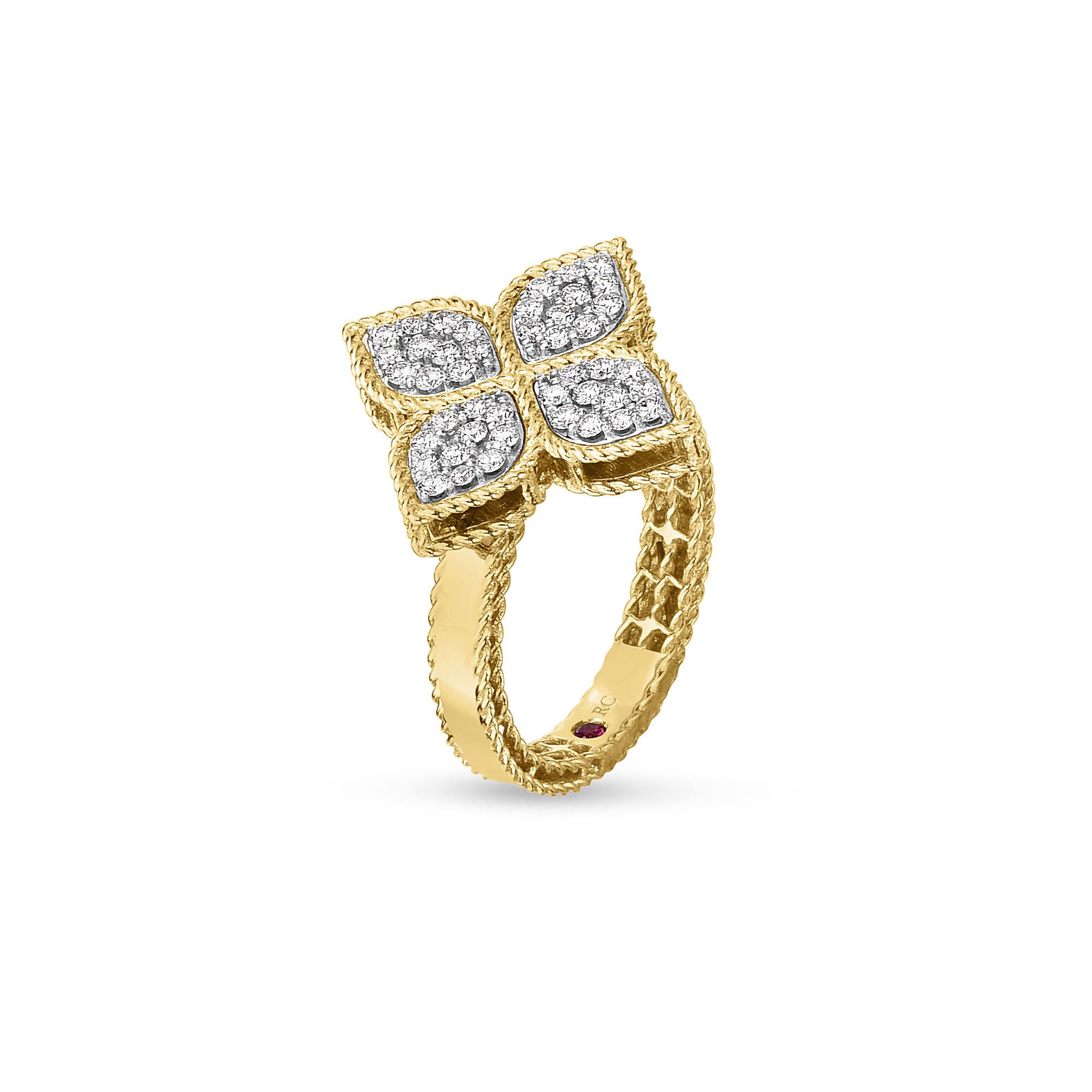 Princess Flower Ring in 18K Yellow and White Gold with Diamonds and Ruby. Princess Flower Ring in 18K Yellow and White Gold with Diamonds and Ruby.