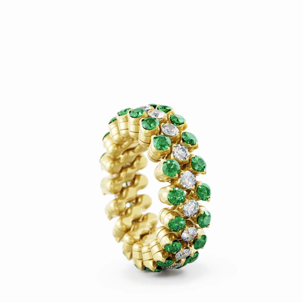 Ring Multi Size 3 Rows, Full 2 Points in 18K Yellow Gold with Tsavorite and Diamonds