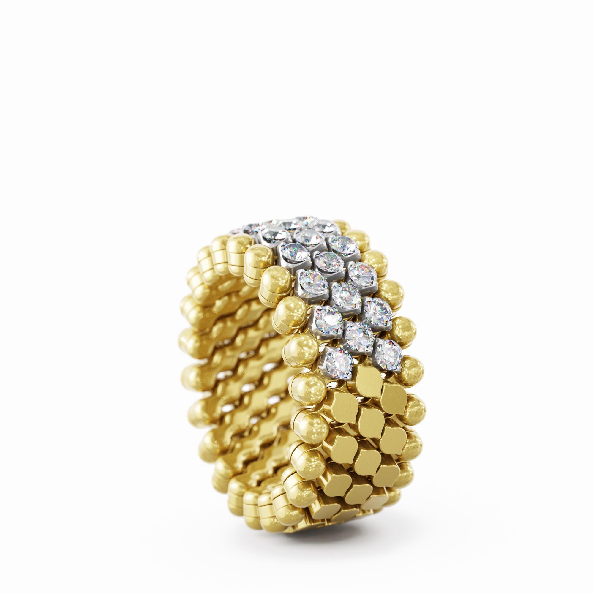 Ring Multi Size, 5 Rows in 18K Yellow and White Gold with Rhodium and Diamonds