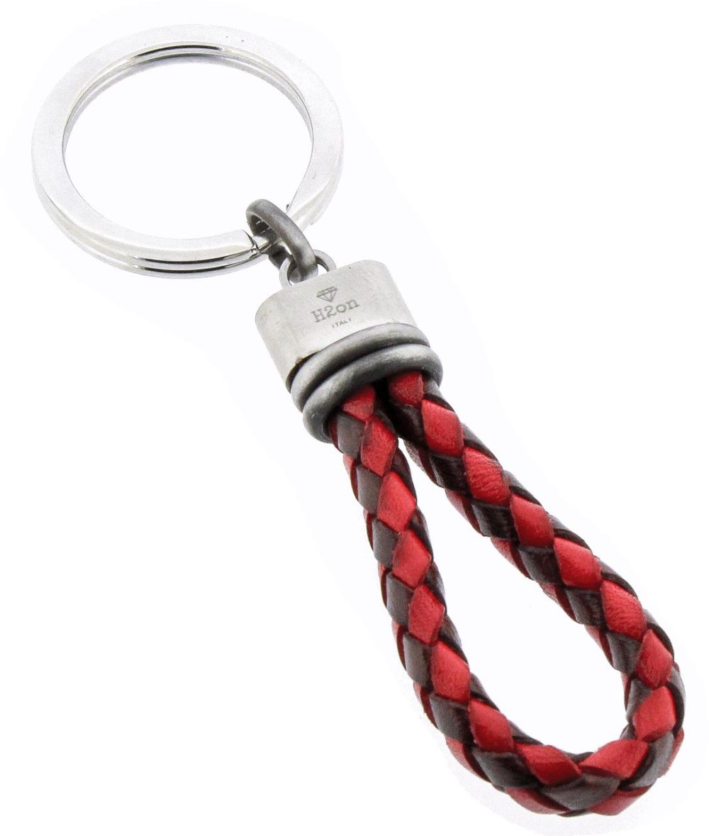 Keyring in in Stainless Steel with Red Leather