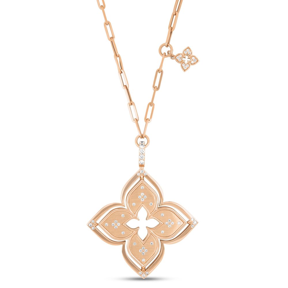 Princess Flower Necklace in 18k Rose and White Gold with Diamonds, Mother of Pearl, and Rubies.