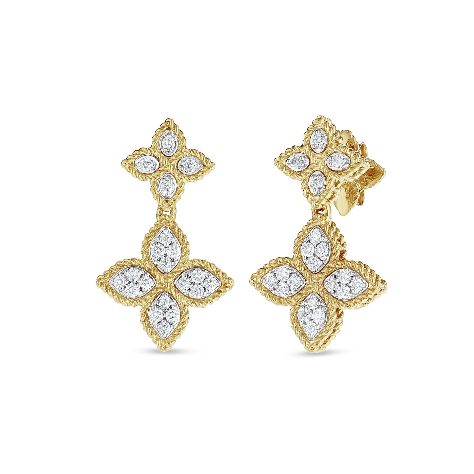 Princess Flower Earrings in 18k Yellow Gold with Diamonds and Ruby. Princess Flower Earrings in 18k Yellow Gold with Diamonds and Ruby.