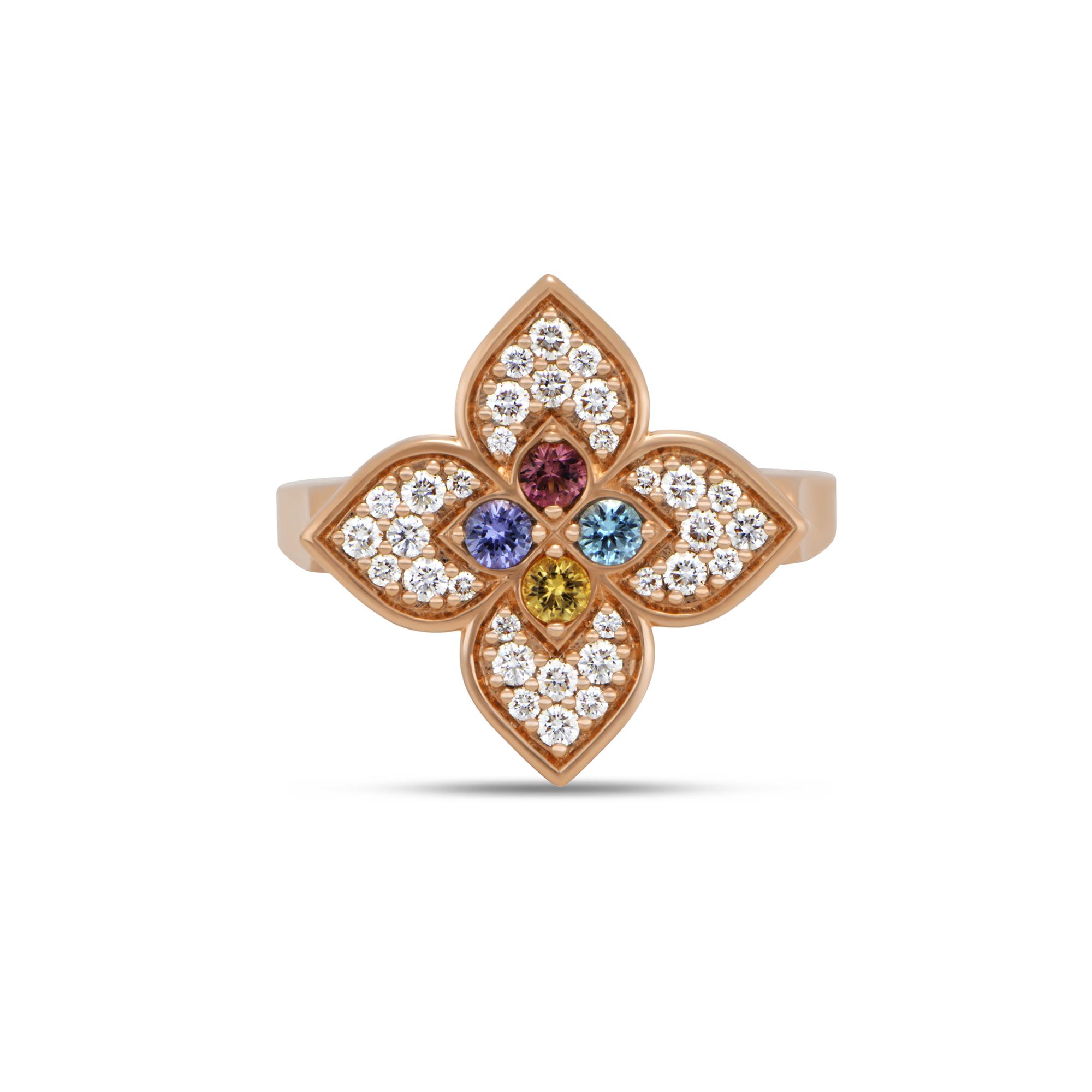 Venetian Princess Ring in 18K Rose Gold with Diamonds, Ruby, Tanzanite, Swiss Blue Topaz, Rubellite and Citrine. Venetian Princess Ring in 18K Rose Gold with Diamonds, Ruby, Tanzanite, Swiss Blue Topaz, Rubellite and Citrine.