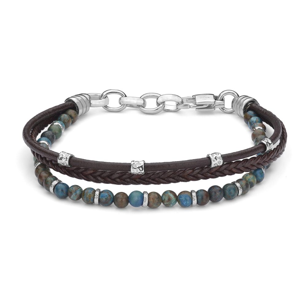 Bracelet in Stainless Steel with Brown Leather and Emimorfite Agate