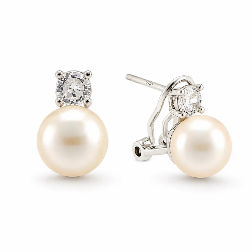 Earrings in Silver 925 with Zircon and Pearl 2cm