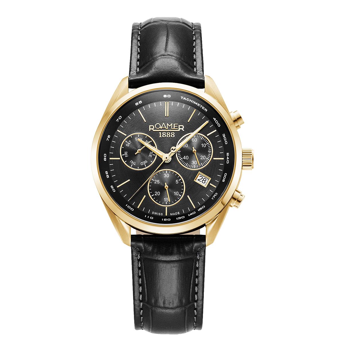 Roamer Pro Chrono Аналоговые Часы, Хронограф с Индикацией Даты на Черном Кожаном Ремешке 44 мм Roamer Pro Chrono Аналоговые Часы, Хронограф с Индикацией Даты на Черном Кожаном Ремешке 44 мм