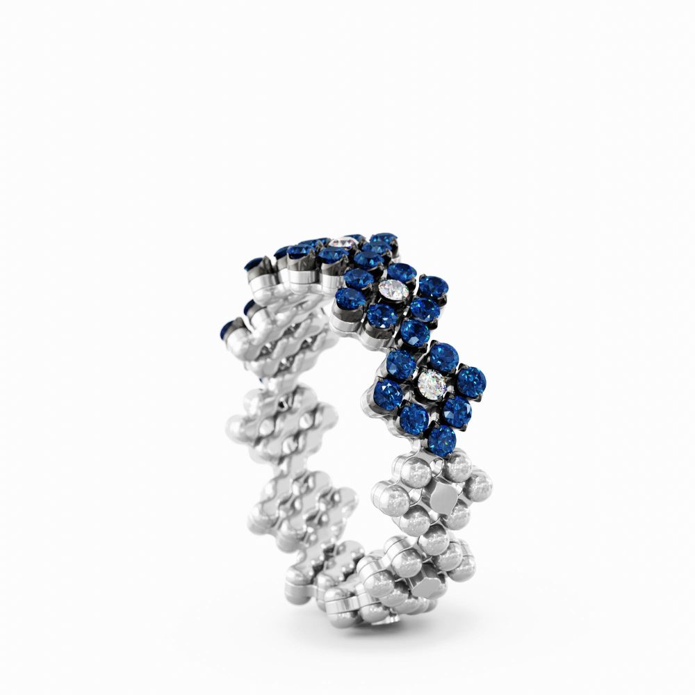 Ring Multi Size Flower,Half 2 Points in 18K White and Black Gold with White Diamonds and Blue Sapphires