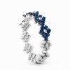 Ring Multi Size Flower,Half 2 Points in 18K White and Black Gold with White Diamonds and Blue Sapphires