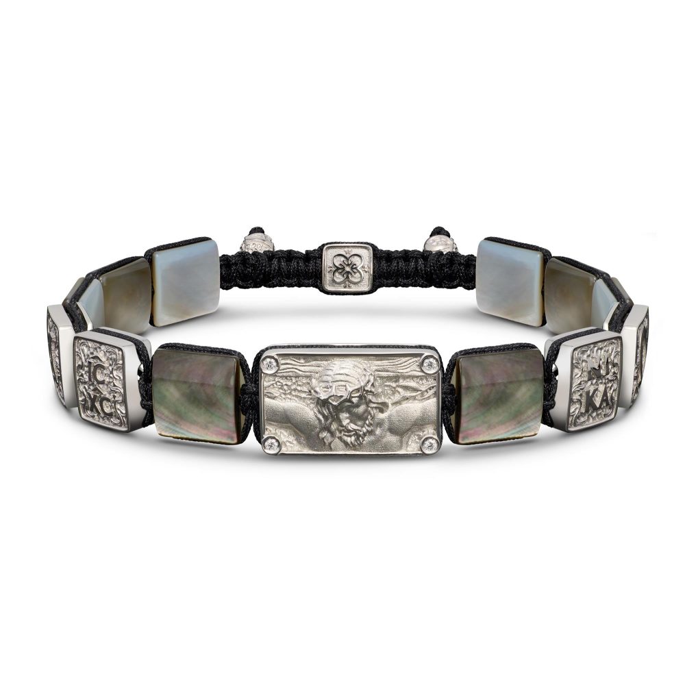 Jesus Christ Crucified Bracelet in 18K White Gold, White Diamonds and Black Mother of Pearl