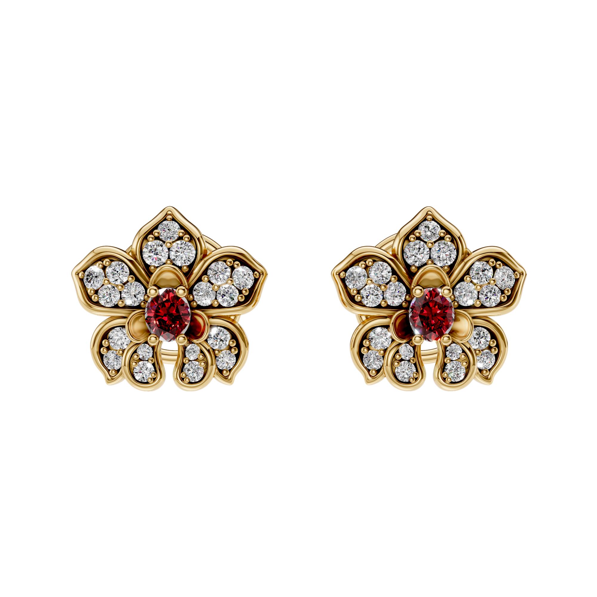 Orquideas One Flower Mini Earrings In 18KT Yellow Gold With Rubies And Diamonds Orquideas One Flower Mini Earrings In 18KT Yellow Gold With Rubies And Diamonds