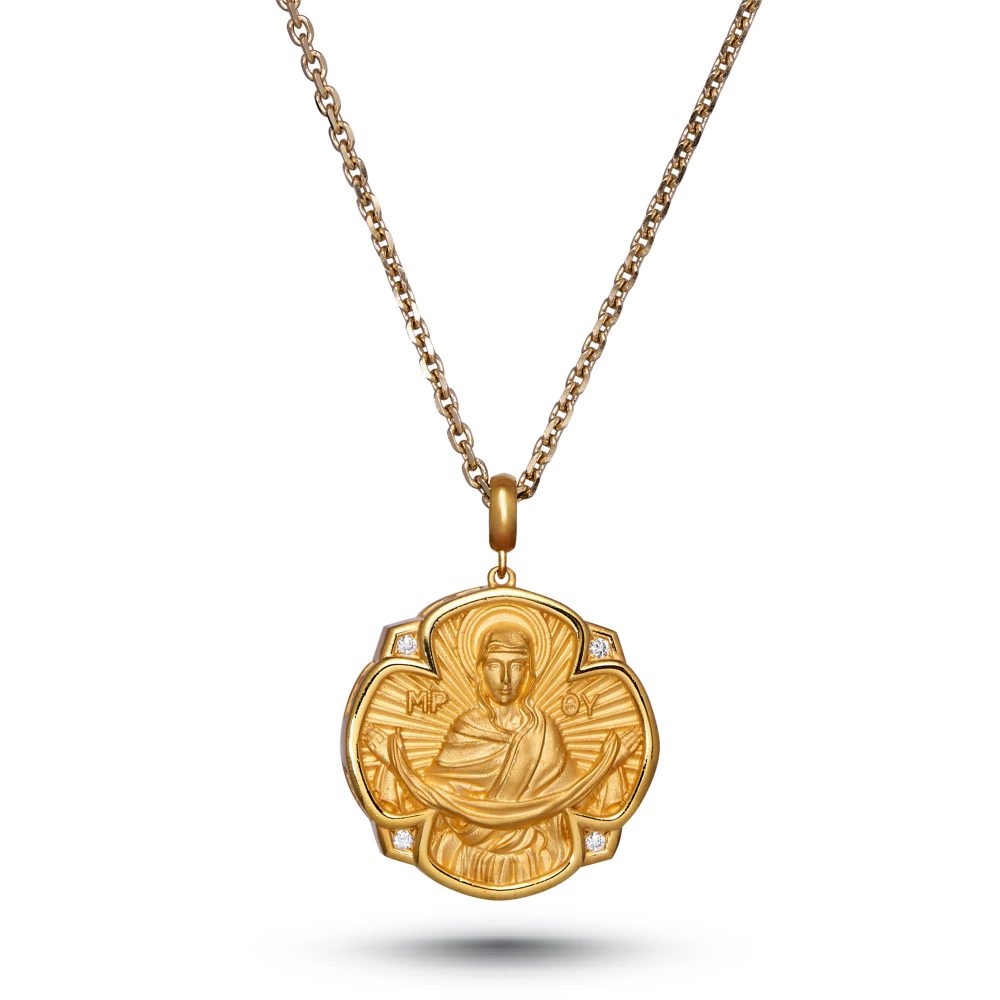 Holy Belt of Virgin Mary Flower-Shaped Pendant in 18K Yellow Gold with Diamonds