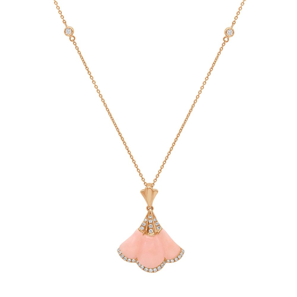 Gingko Necklace in 18K Rose Gold with Pink Opal and Diamonds