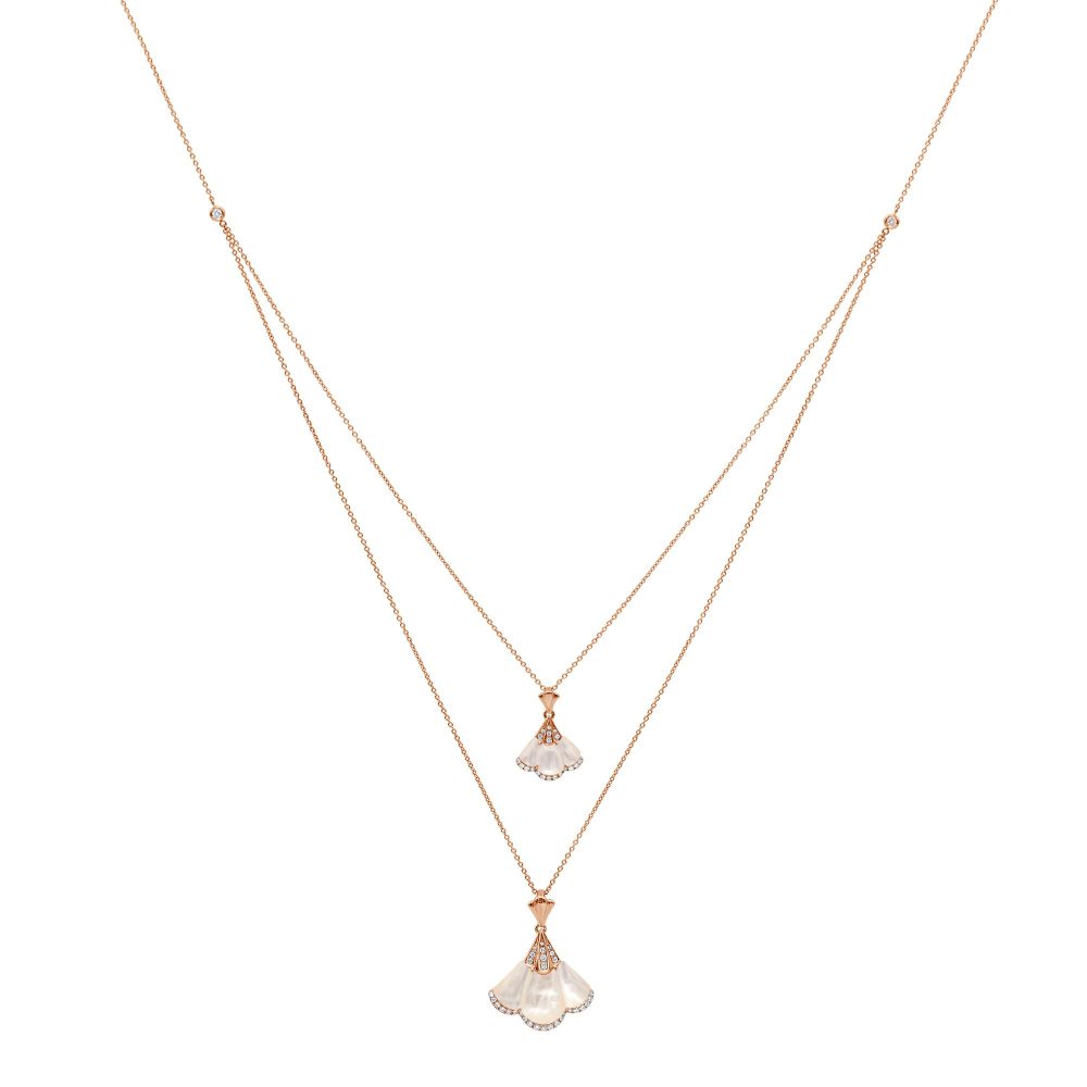 Gingko Necklace in 18K Rose Gold with White Mother of Pearl and Diamonds